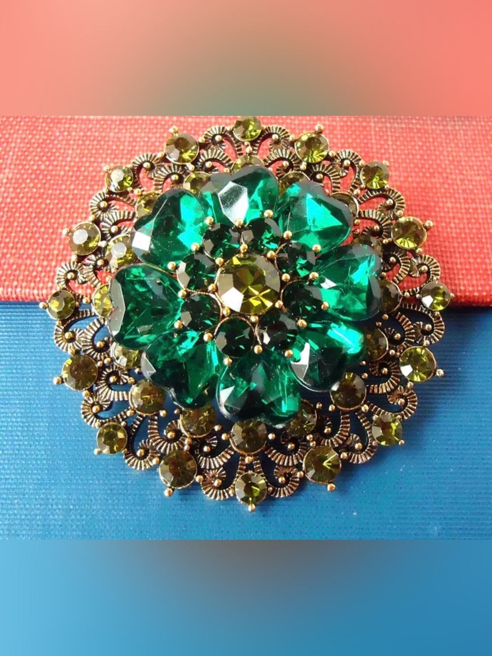 Vintage Emerald Green and Olive Rhinestone floral filigree Brooch